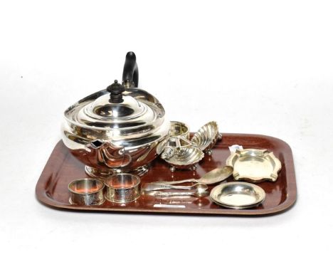 Silver; teapot Sheffield, 1897, tea strainer, Birmingham, 1938, pair of ashtrays, Birmingham, 1938, pair of napkin rings, mar