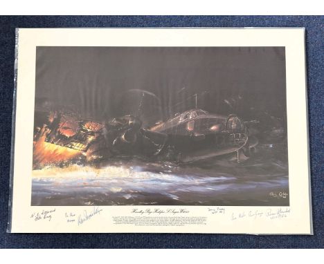 WW2. Six Signed Chris Golds Colour Print Titled Handley Page Halifax S-Sugae W1048. Signed by the Crew Who Survived Don MacIn