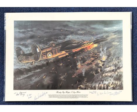 WW2. Six Signed Chris Golds Colour Print Titled Handley Page Halifax S-Sugae W1048. Signed by the Crew Who Survived Don MacIn