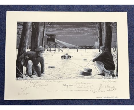WW2. 10 Signed Steve Teasdale Black and White Print Titled The Great Escape. Presentation Copy. Signed by Jimmy James, Walter