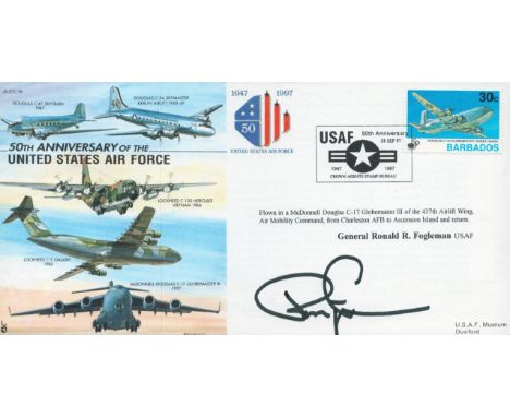 WW2. General Ronald R Fogleman USAF Signed 50th Anniversary of the US Air Force FDC. Barbados Stamp and US PostmarkAll autogr