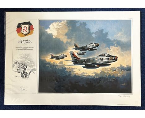 WW2. Erich Hartmann Signed Heinz Krebs Colour Print Titled Erben Des Roten Baron. Limited Edition 492 on 1250. Measures 35 x 