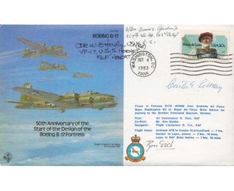 B32c 50th Anniversary B 17 Signed 3 USA Pilots Le May, F Gailer Ace 6 ½ victories, W E Hardy 7 Victories signed General Curti