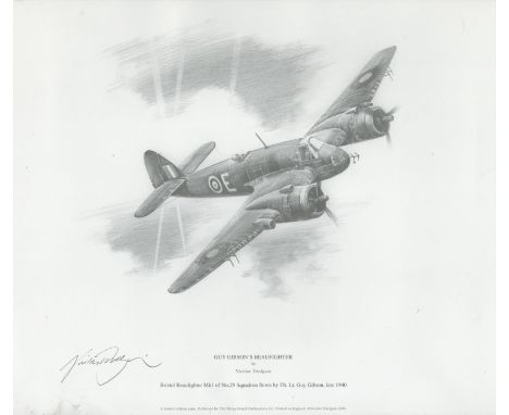 WW2. Artist Nicolas Trudgian Signed Guy Gibson's Beaufighter Black and White Print 11 x 9.5 inch. Damage to Bottom Left Hand 