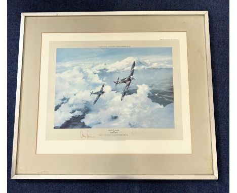 WW2. Adolf Galland and Douglas Bader Signed Robert Taylor Colour Print Titled Duel of Eagles. Housed in a Frame Measuring 31 