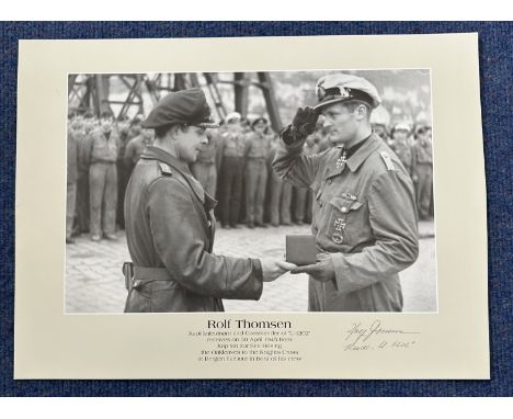 WW2 Kapitanleutnant Rolf Thomsen Signed Black and White Print Showing Thomsen Receiving a Medal on 30th April 1945. Signed in