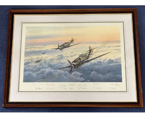 WW2. 12 Luftwaffe Aces Signed Robert Taylor Colour Print Titled Eagles Out of The Sun. Limited Edition 677 of 1250. Signed in