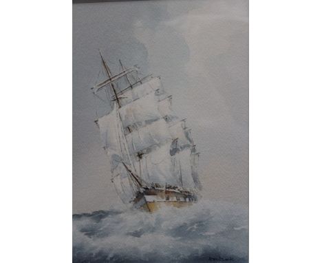 Alan Stark, "Full masted sailing ship" watercolour painting, signed, 23cm x 16cm, framed, mounted and glazed