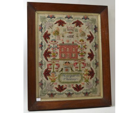 A 19th century woolwork sampler, featuring red house to centre, inscribed "Margaret Thomas", 49cm x 36cm, framed and glazed