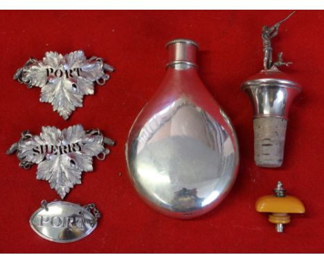 Three Georgian / Victorian silver wine labels, a silver hip flask, etc.&nbsp;gross weighable silver: 130g