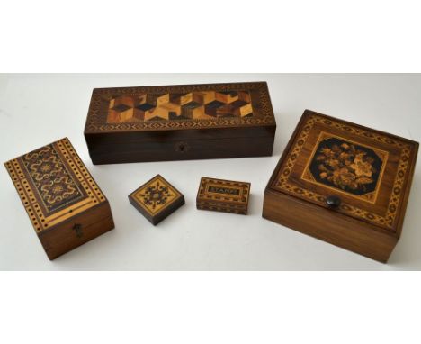 A collection of five items of Tunbridge ware, includes a writing box, stamp box, puzzle and cribbage board/card box (5)