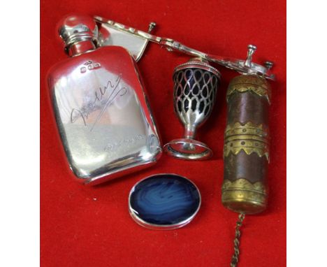 A pair of Georgian silver candle snuffers, a silver hip flask, etc.
