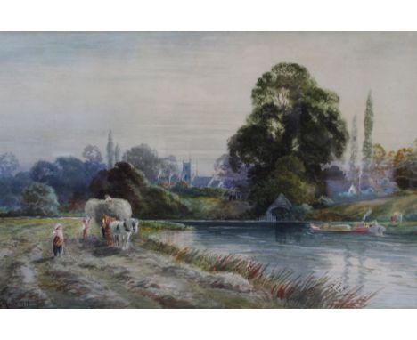 Arthur George Watts (1883-1935) "On the Thames", river landscape with narrow boat and Hay wain, watercolour painting, signed 