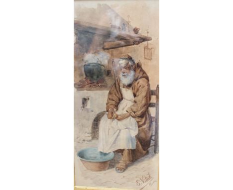Eduard Vitali (late 19th century Italian) "Monastic Kitchen duties" (monk peeling potatoes) watercolour painting, signed and 