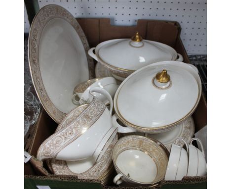 A Royal Doulton Sovereign pattern H.4973 part dinner services, includes six dinner plates, eight side plates, seven bread pla