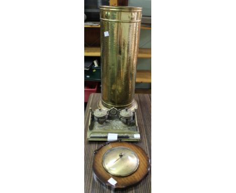 A small Barometer together with an ink stand &amp; metal stick bin