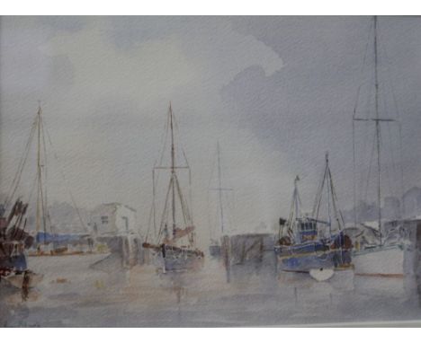 Alan Stark "Harbour" watercolour painting, signed, 15cm x 22cm, framed, mounted and glazed
