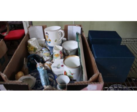 A box containing good china names, Royal Worcester, Royal Doulton &amp; a Newlyn Studio pottery piece