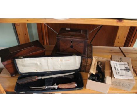 A box containing an oak moneybox, mahogany sarcophagus tea caddy, Tunbridge ware box, students microscope in original box &am