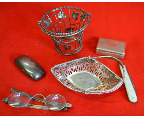 A silver snuff box, silver framed glasses, folding fruit knife, etc.