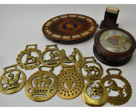A 19th century oval cribbage board, 19cm x 13cm, together with a circular treen box, the lid inset a painted and needlework p