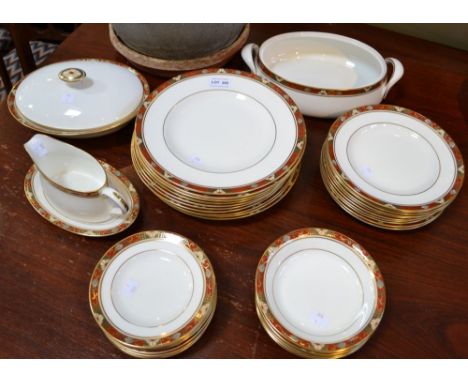 A Royal Crown Derby Cloisonne pattern bone china part dinner service, comprising; 10 dinner plates, 10 dessert plates, 10 sid