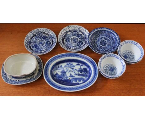 A collection of Chinese porcelain dishes and tea bowls, Late Qianlong, cobalt painted decoration (10) Small ovel pot – chip t