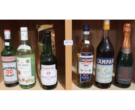 Bacardi Rum, 1ltr Harveys Bristol Cream Sherry, 70cl Aquavit, 70cl Cinzano, 75cl Campari, 1ltr Bucks Fizz, 75cl (6)