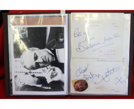 A suede covered album of 45+ photo and signatures of Film and Theatre, to include; Maggie Moone, Victoria Alcock, Elizabeth T