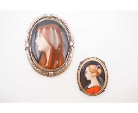 Two portrait miniatures in white metal frames, one hand-enamelled with the profile of a young lady in 16th Century dress, fra