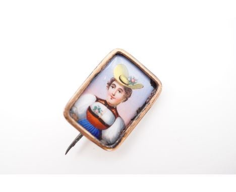 A 19th Century hand-enamelled miniature portrait brooch, depicting a fashionable young lady in continental dress, in a yellow