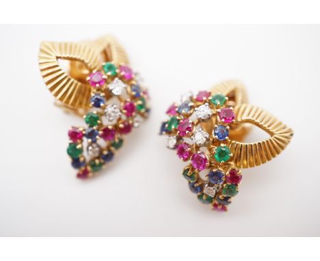 A pair of 1960s Boucheron "Tutti Frutti" type statement ear clips, each earring having grosgrain ribbon effect foliage faced 