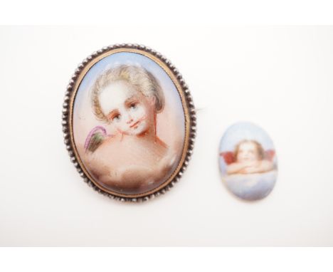 A Victorian portrait miniature of a cherub, in a silver plated frame, together with one further miniature of Raphael's angel