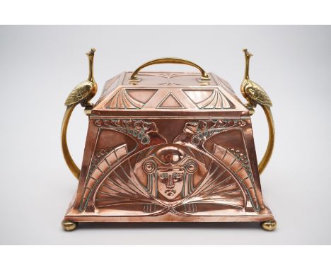 An early 20th Century WMF jugendstil table casket or caddy, in copper and brass, of truncated rectangular-based pyramidal for