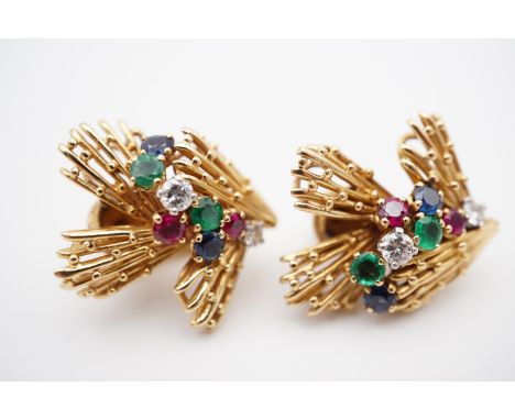 A pair of 1960s Cartier "Tutti Frutti" type statement ear clips, each having a cluster of filigree 'firework' sprays comprise