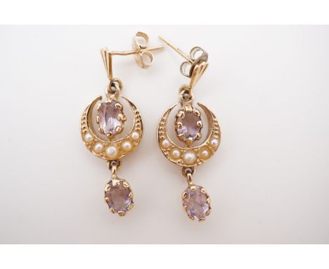 A pair of 9ct gold, amethyst and pearl crescent moon ear pendants, 3.7g