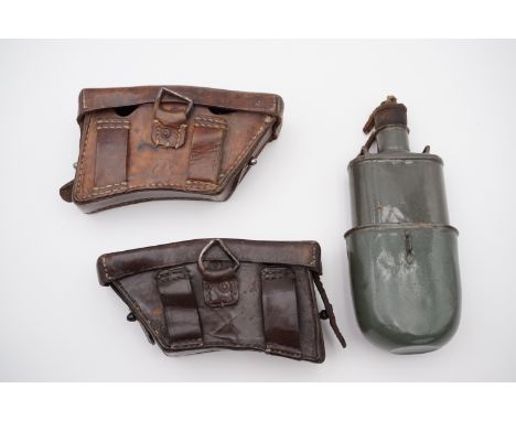 A pair of Great War Austrian Mannlicher rifle ammunition pouches and an enamel water bottle and cup