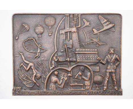 Fred Kormis (1897-1986) A relief bronze plaque commemorating the 1939 opening of the High Duty Alloys factory at Redditch, de