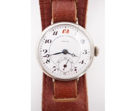 A Grace trench type wrist watch, having a Swiss manual wind movement and circular white enamel dial with Arabic numerals, red