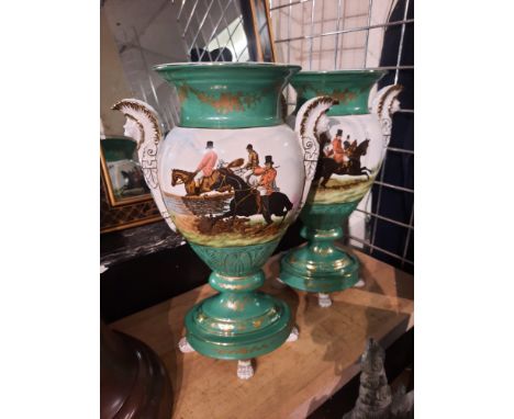 PAIR OF GREEN PORCELAIN HUNTING SCENE VASES - 39.5 CMS (H) APPROX