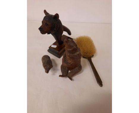 BLACK FOREST NUT CRACKER, 2 BEAR FIGURES &amp; AN ART DECO BRUSH