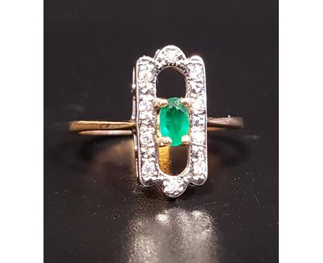 ART DECO STYLE EMERALD AND DIAMOND RINGthe central oval cut emerald in shaped and pierced diamond set surround, on nine carat