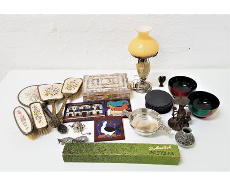 SELECTION OF COLLECTABLESincluding a mother of pearl jewellery box, pewter quaich and vase, a pair of pewter fish, six slate 