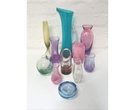 SELECTION OF COLOURFUL GLASSWAREincluding a pink Selkirk glass vase, 15cm high; two Caithness style vases with pink/purple sw