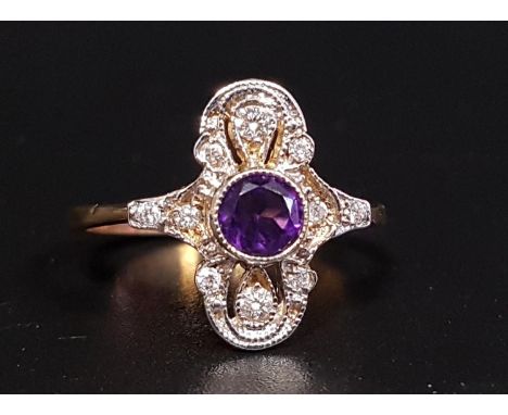 ART DECO STYLE AMETHYST AND DIAMOND PLAQUE RINGthe central round cut amethyst approximately 0.4cts in multi diamond set pierc