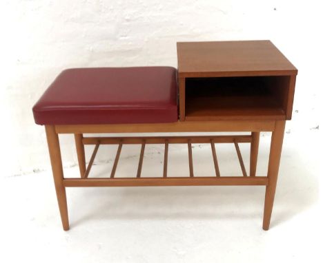 RETRO TEAK TELEPHONE TABLEwith a square shelf and a recessed shelf below, with a padded vinyl seat above a slatted undertier,