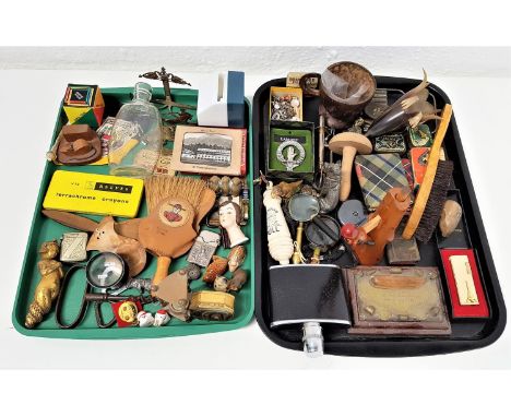 LARGE SELECTION OF VINTAGE COLLECTABLESincluding an 1887 Jubilee glass bottle, magnifying glasses, a coconut tea cup, a horn 
