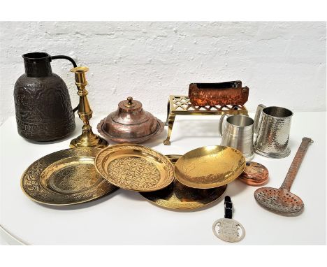 SELECTION OF BRASS, COPPER AND OTHER METALWAREincluding a tagine dish and cover, a trivet, a small hammered copper planter, a