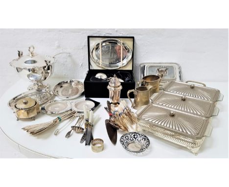 SELECTION OF SILVER PLATEincluding a lidded tureen and ladle, lidded serving dishes, sugar castor, serving tray, two triple b