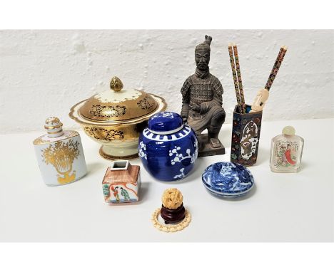 SELECTION OF EAST ASIAN WARESincluding a cloisonne three sided pot, a Noritake tureen and cover, an ivory puzzle ball, a reve